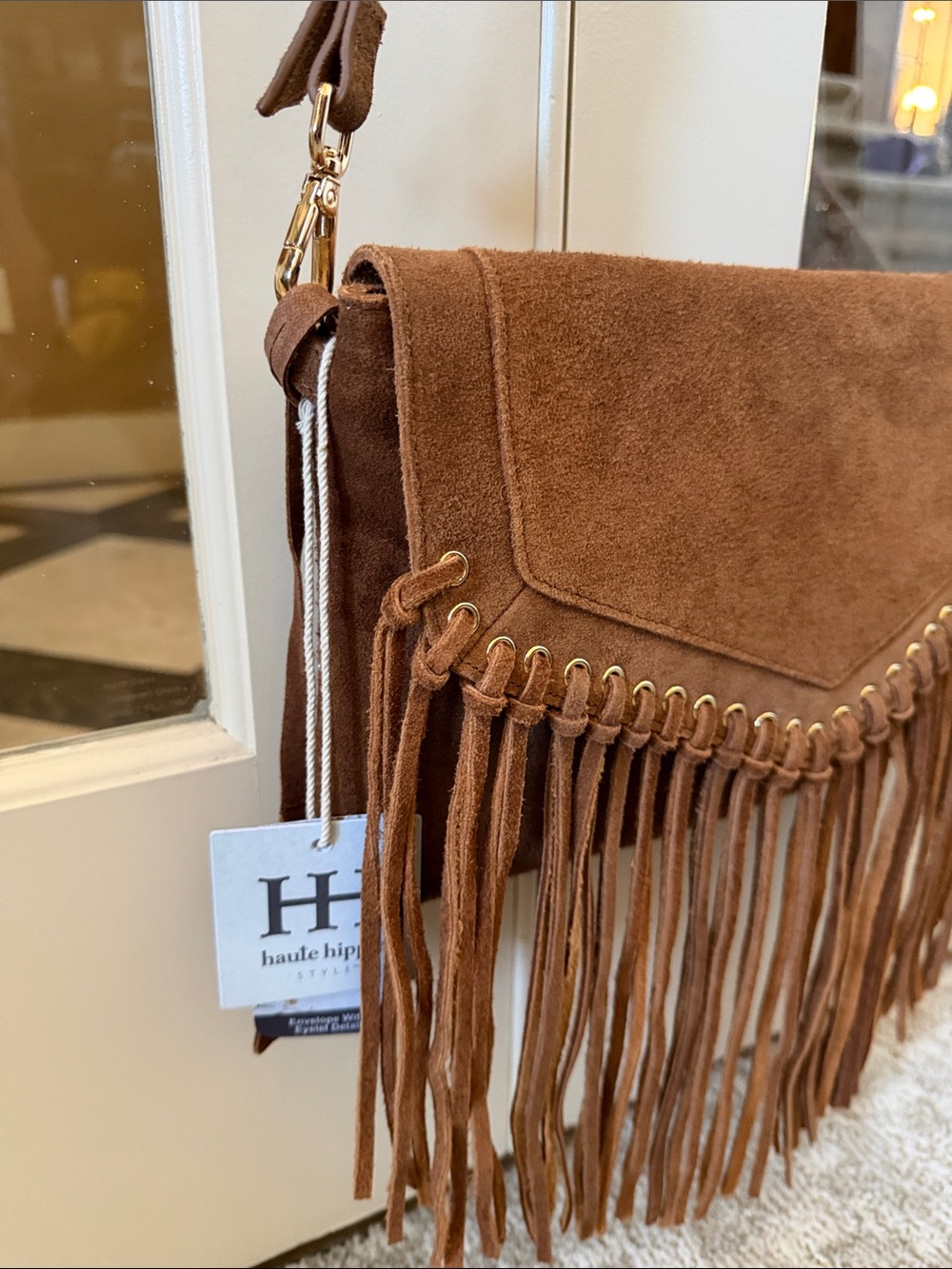 Haute Hippie Women's Tan Genuine Suede Eyelet Fringe Flap Envelope Crossbody Bag - Picture 3 of 7
